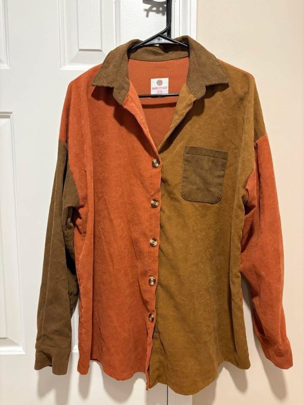 NWOT MarleyLilly Corduroy Colorblock Button-Up Jacket in Rust & Brown